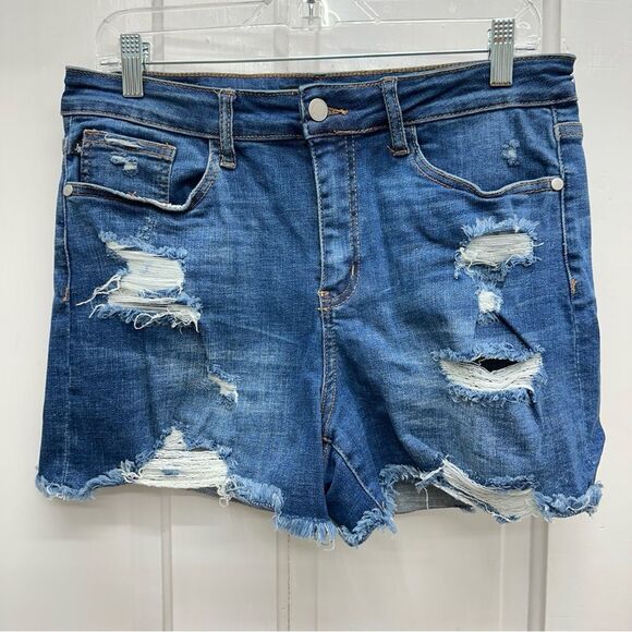 Judy Blue distressed raw frayed hem denim jean shorts women's xl - Picture 2 of 5